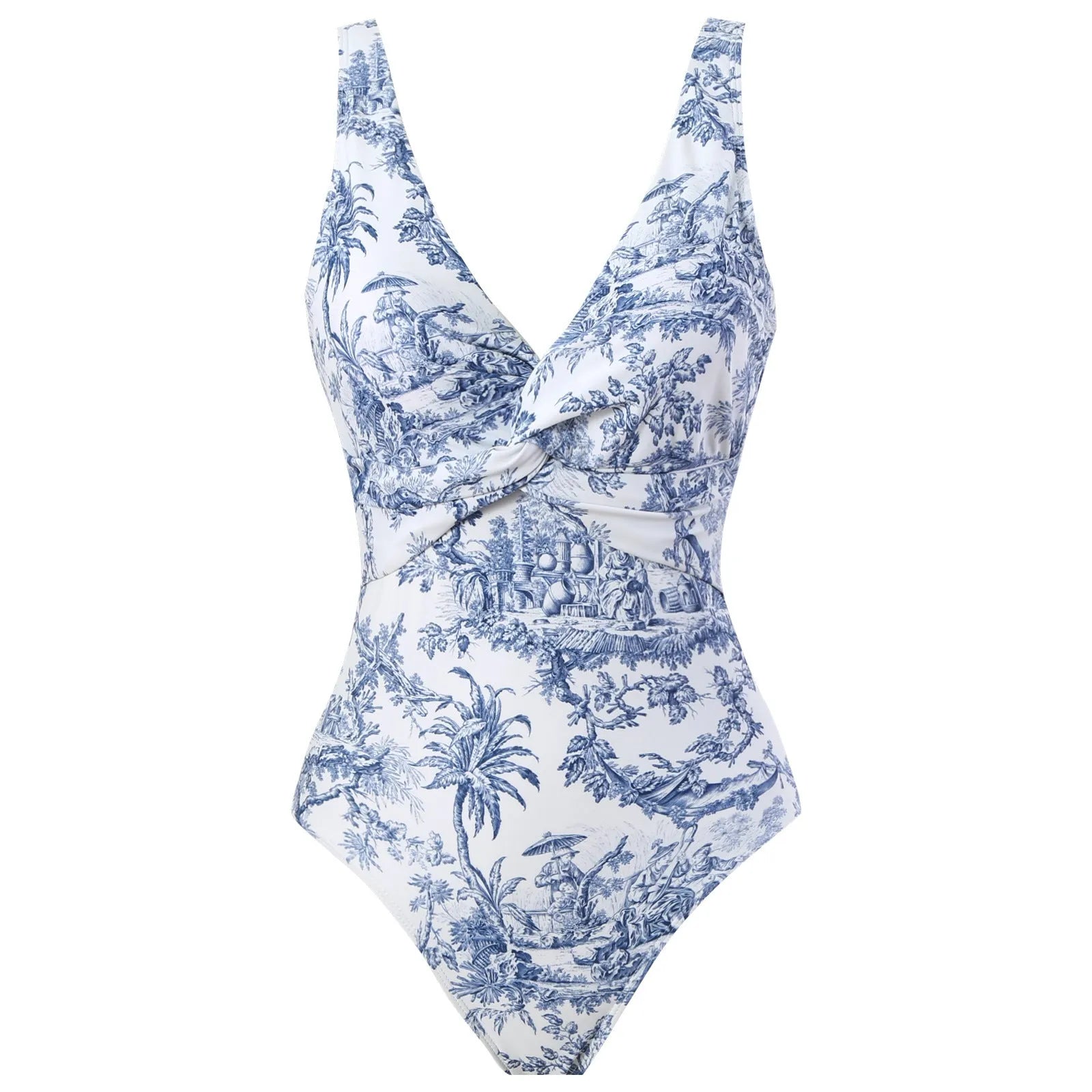 Yellow floral vintage print conservative one-piece swimsuit with short sleeves on a mannequin