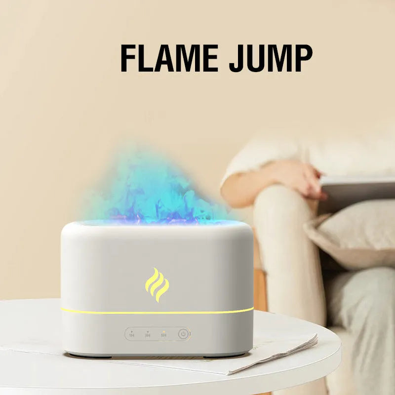 Black USB humidifier with 7-colour flame effect showing mist output from single fog outlet