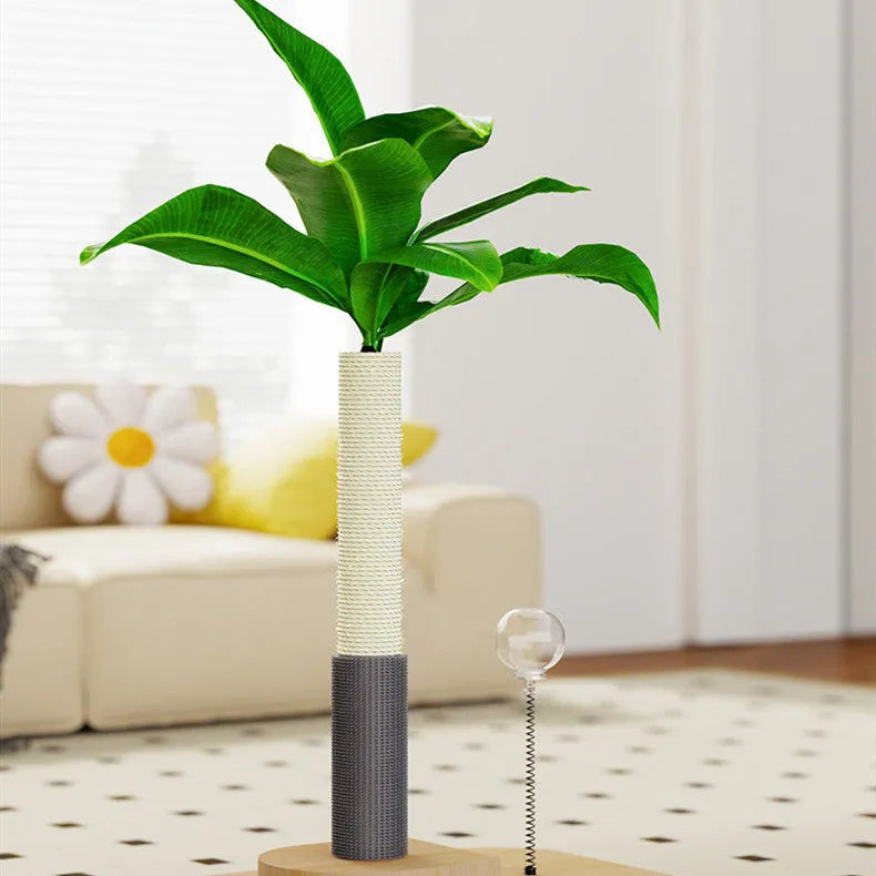 A vertical wooden cat scratching post in a canna colour with an attached food drop ball.