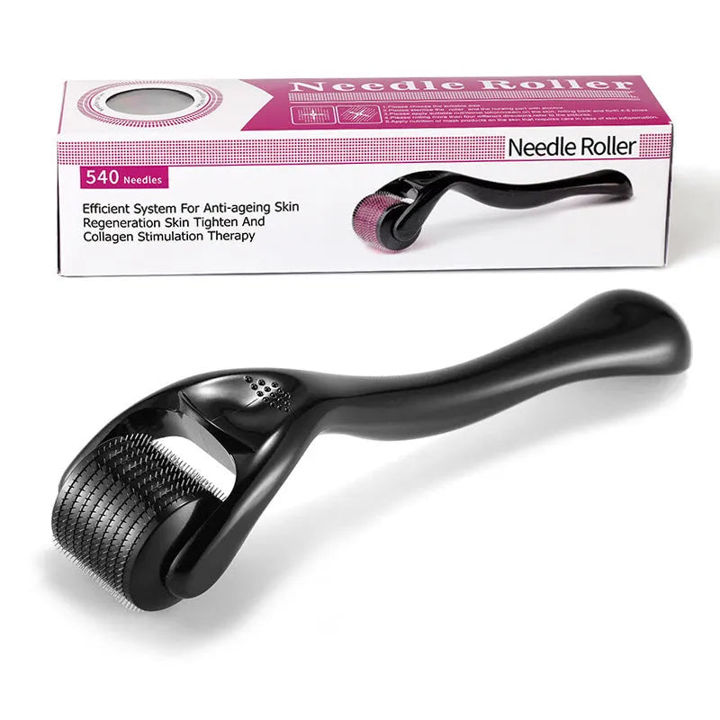 Black and purple derma roller with 540 titanium microneedles, showing needle size options from 0.2mm to 1.0mm.