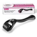 Black and purple derma roller with 540 titanium microneedles, showing needle size options from 0.2mm to 1.0mm.