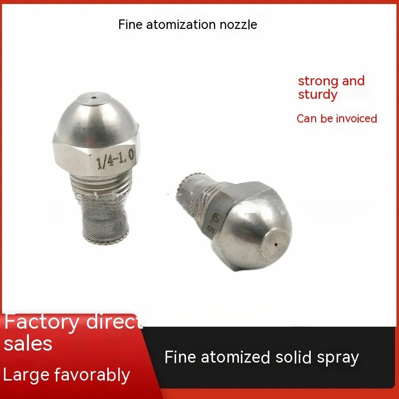 304 stainless steel fine atomization spray nozzle with external thread and multiple aperture size options.