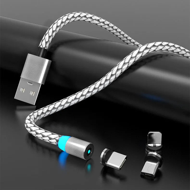 Gold magnetic phone charging cable with breathing light, showing detachable magnetic heads for Apple Lightning and TYPE-C connectors.