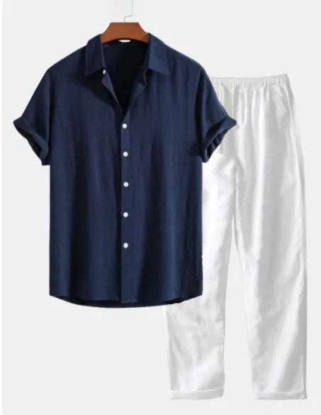 Casual loose cotton linen short sleeve suit in multiple colours with matching glasses, shoes and watch accessories