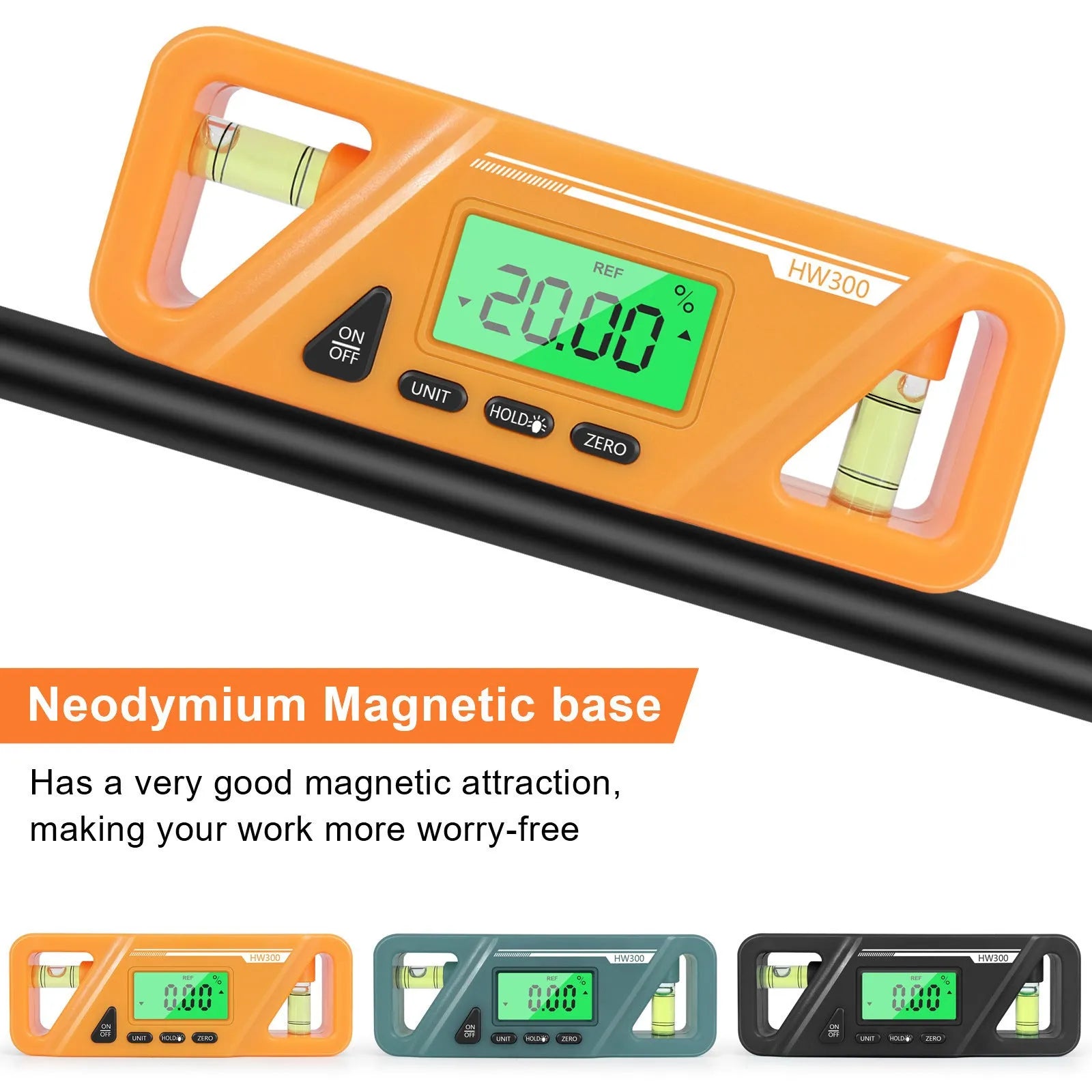 Black digital angle gauge with LCD screen and magnetic base, showing 45-degree reading.