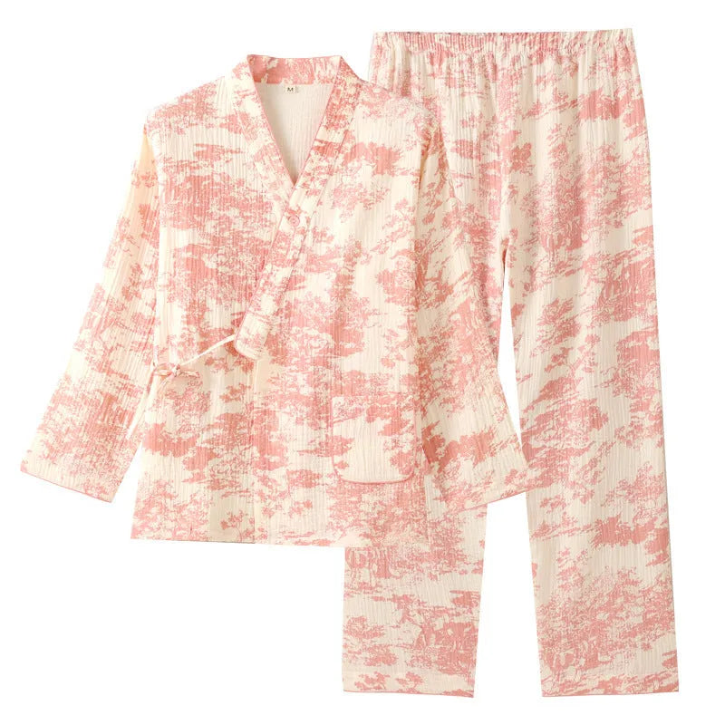 Women's pure cotton gauze lounge suit with long sleeve top and lace-up trousers in pink, blue or green