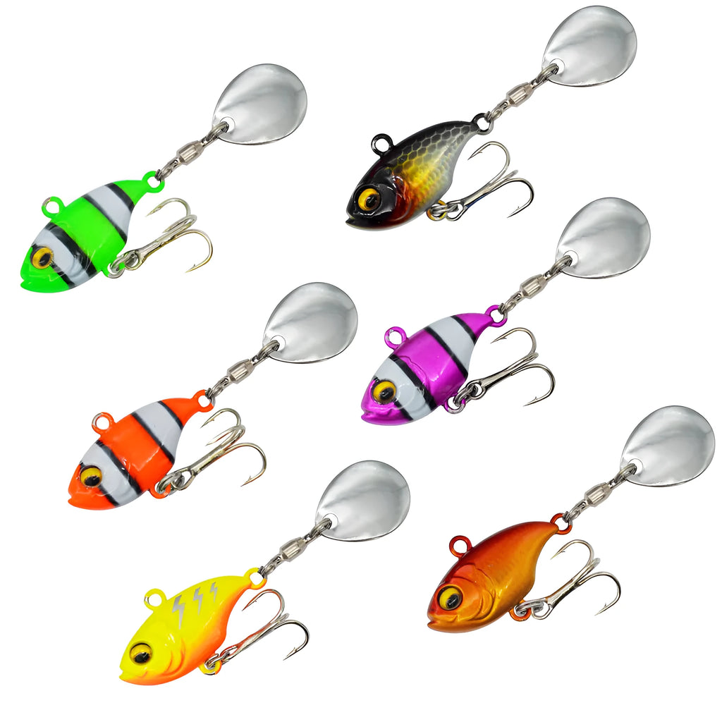 Metal sea fishing lure with rotating sequins shown in multiple colour options including zebra orange and gold.