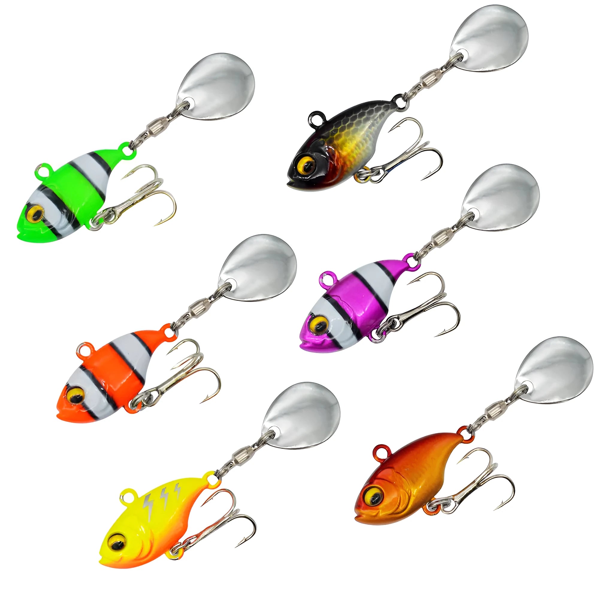 Metal sea fishing lure with rotating sequins shown in multiple colour options including zebra orange and gold.