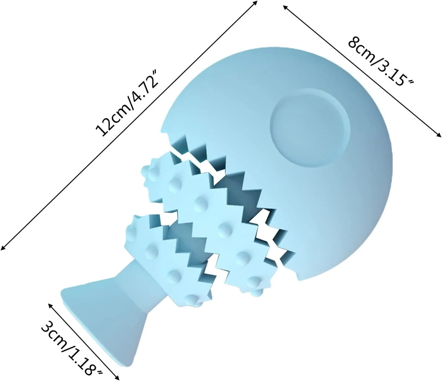 Blue fish bone shaped dog chew toy for teeth cleaning with a treat hole, shown next to a green and pink version.