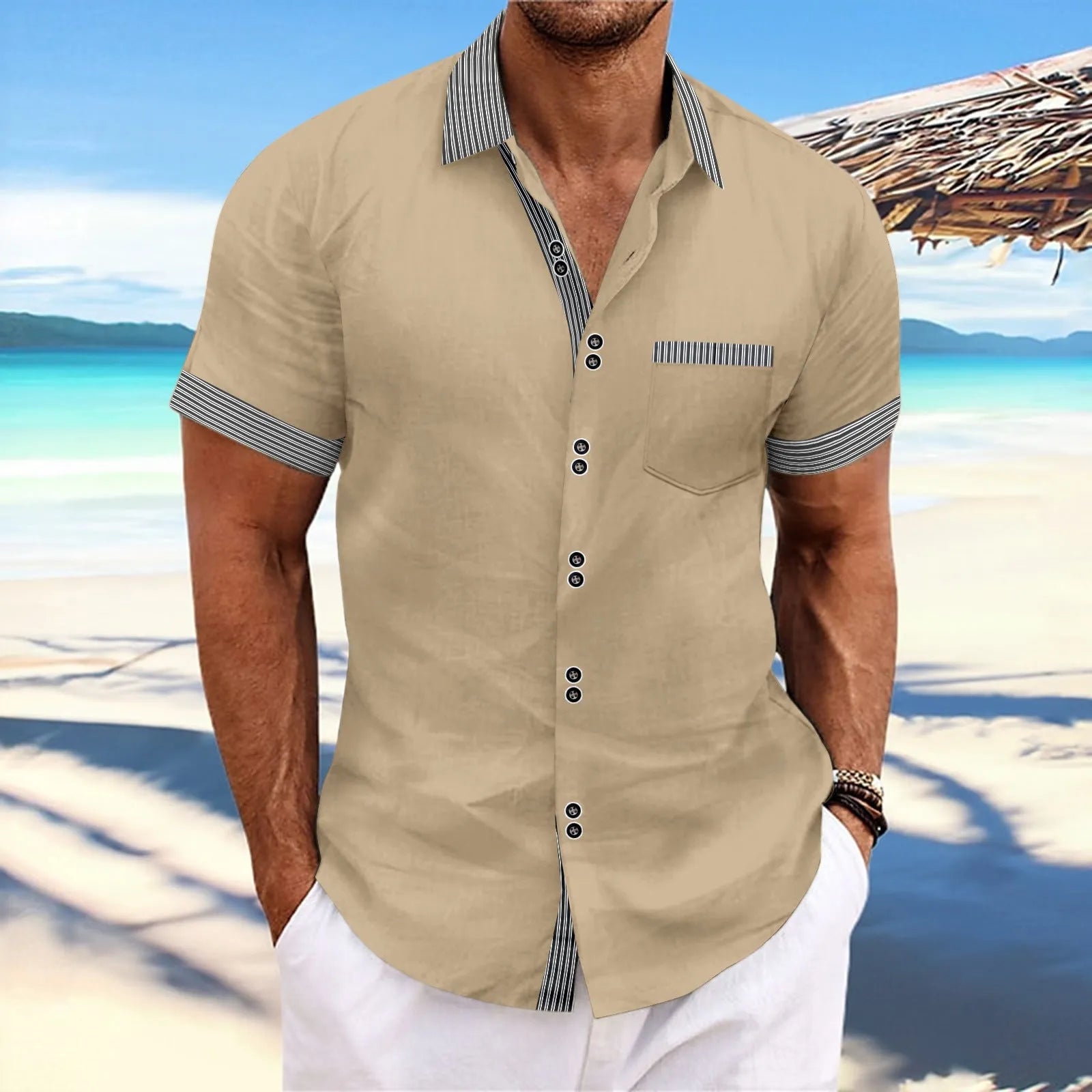 Pure cotton striped casual shirt in slim fit with short sleeves and a double-button front.