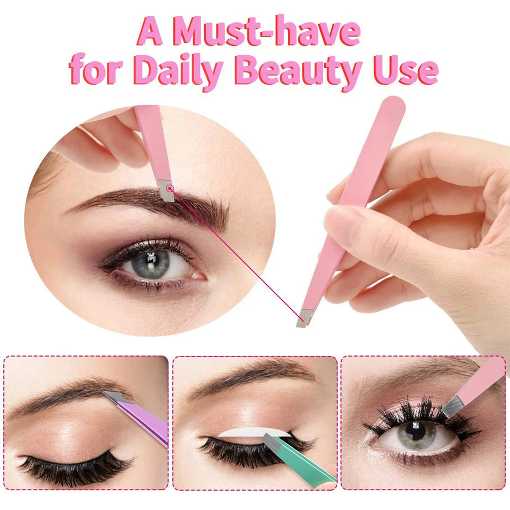 Professional 6-piece stainless steel eyebrow tweezers set with curved scissors in leather case
