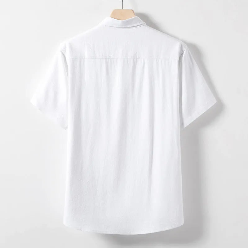 Men's loose fit short sleeve linen blend t-shirt in solid colour with lapels