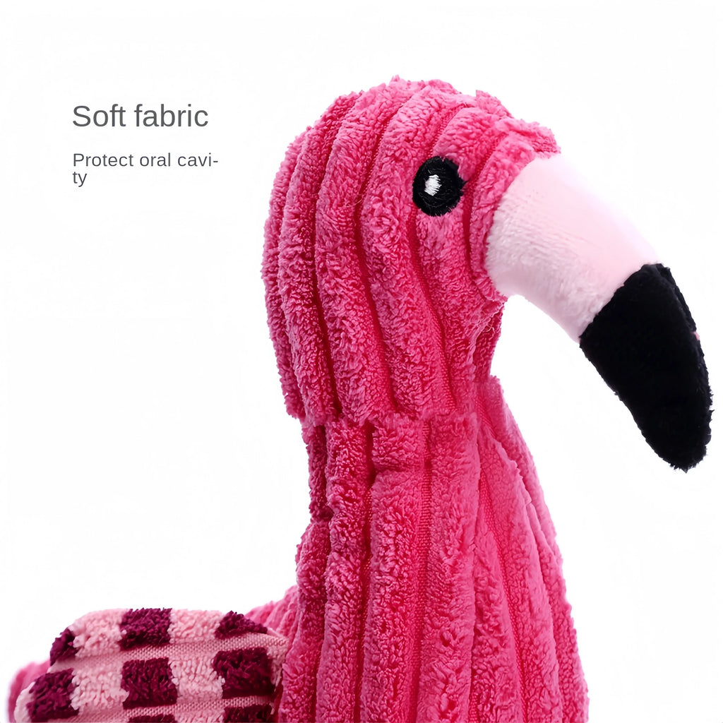 Pink corduroy hippo and parrot squeaky plush dog toys on a white background.