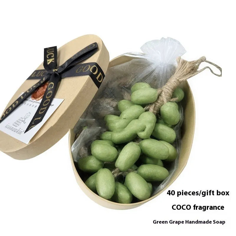 Handmade grape and litchi cleansing soap bars, 120g each, in gift box and mesh bag bulk packaging.