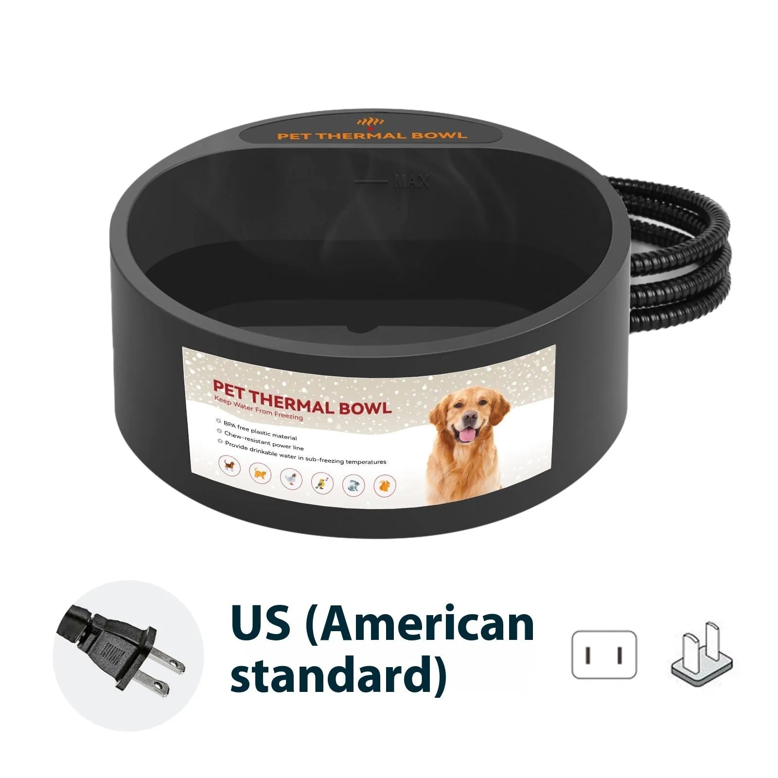 Black ABS pet heating bowl with 2.2 litre capacity for cats and dogs