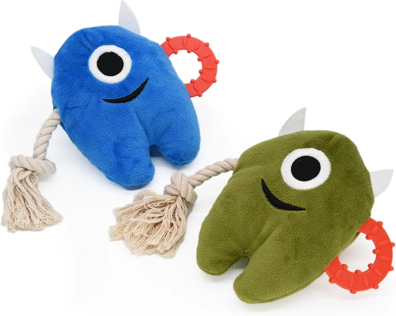 Blue or green monster plush dog toy with integrated cotton rope tug sections and a squeaker.