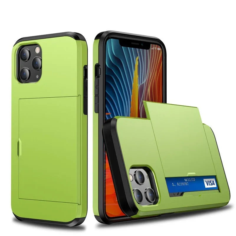 iPhone 13 mobile phone wallet case with sliding card cover in multiple colour options