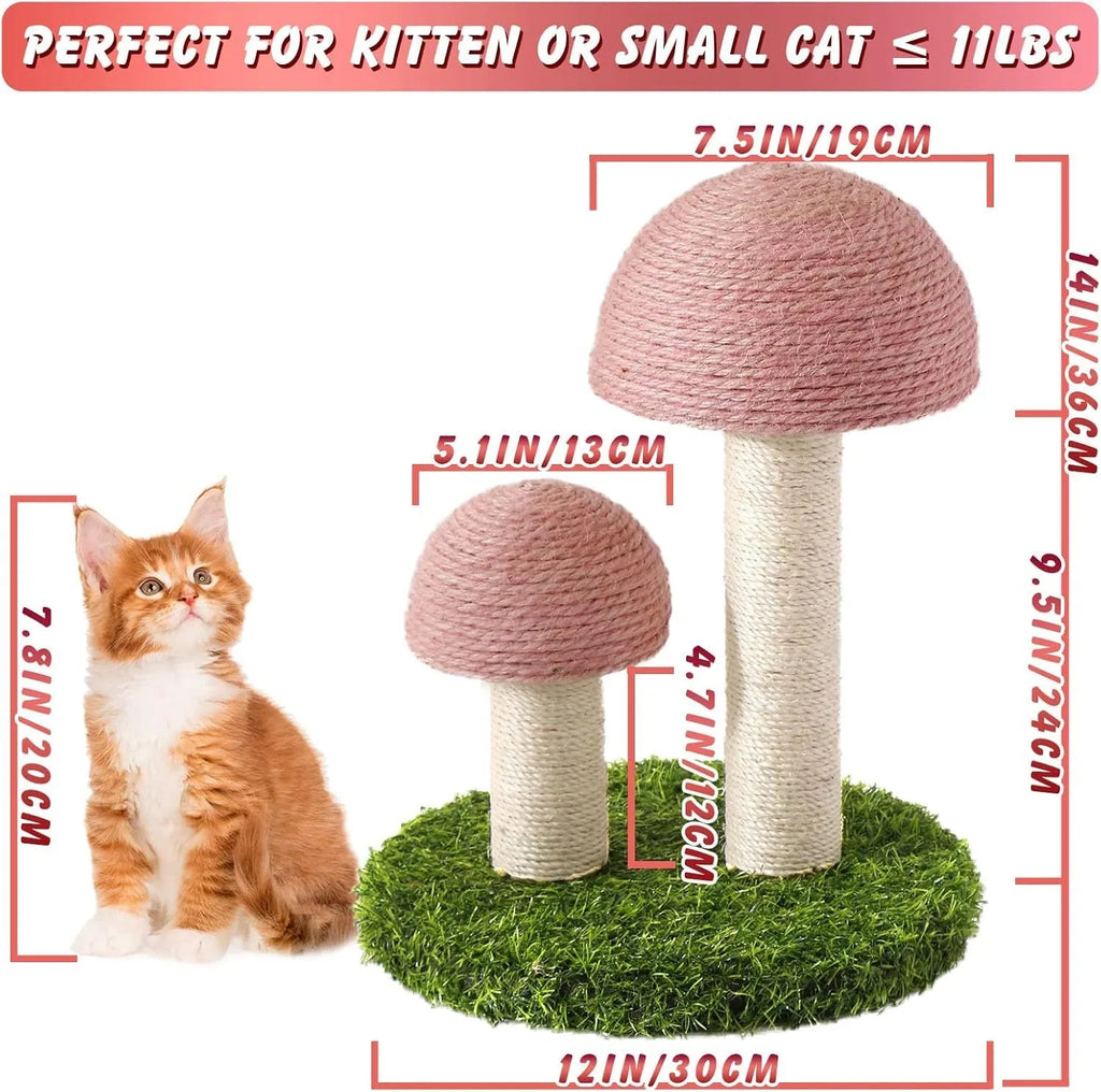 Pink mushroom-shaped cat scratching post with natural sisal fabric on mushroom cap and pole