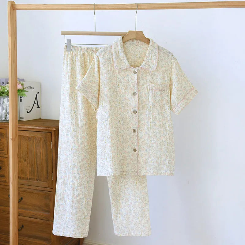 Women's yellow plaid washed cotton gauze short-sleeved top and loose trousers casual outfit set.