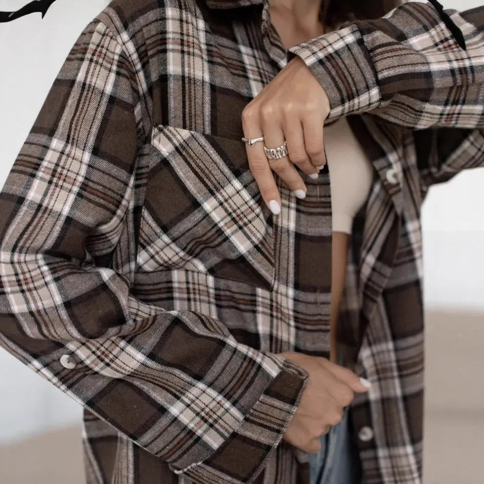 Dark brown retro striped women's cotton long sleeve shirt on hanger