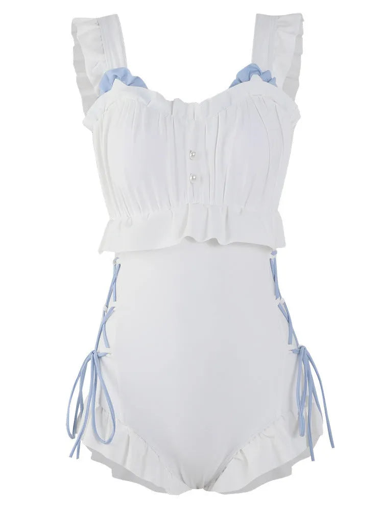 Women's backless one-piece swimsuit in solid Milky White, made from nylon.