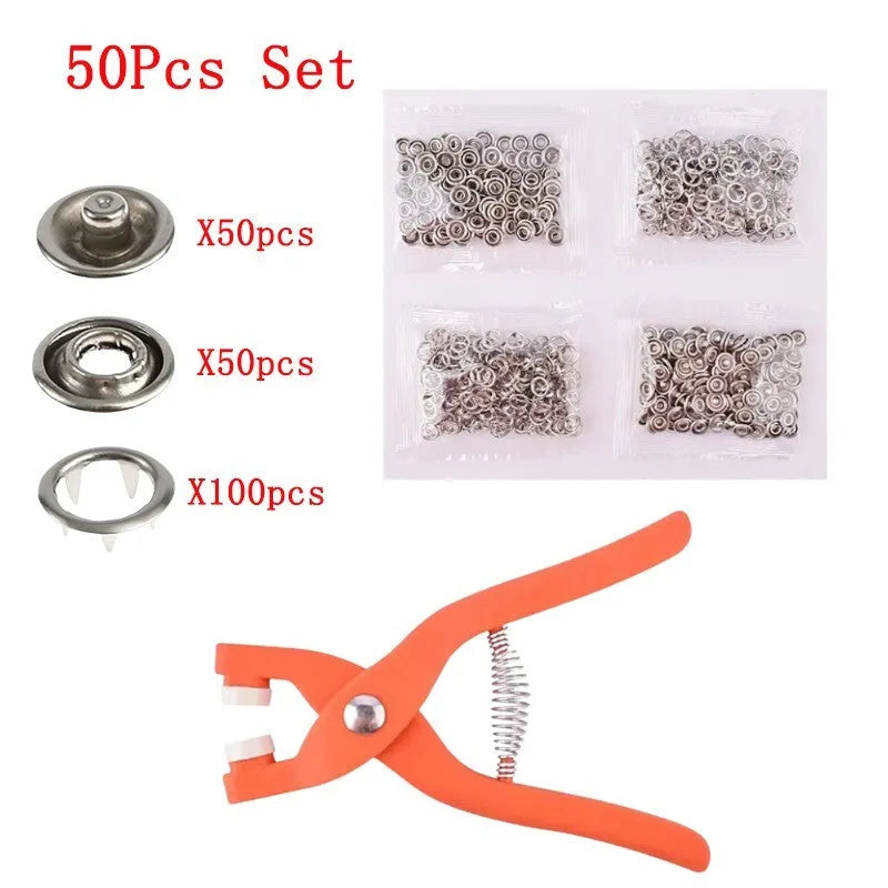 Stainless steel five claw no-sew button kit with pliers and 9.5mm clasps for baby clothes