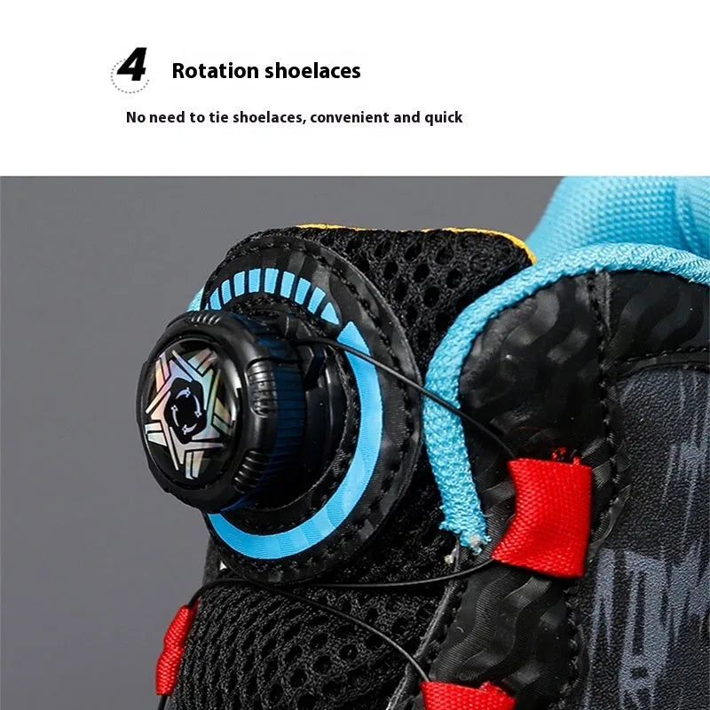 Children's rotating button fastening shoes in multiple colours with a waterproof PU sole.