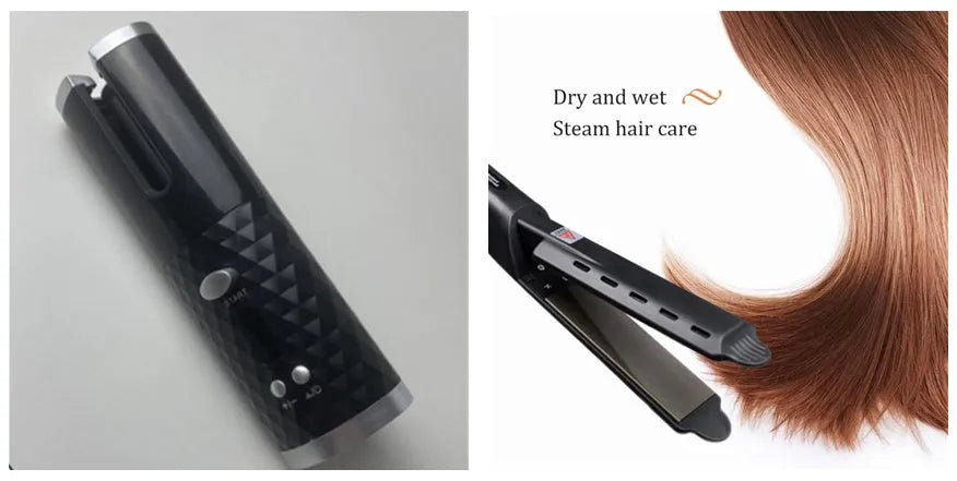 White portable mini curling iron with USB charging cable and gold ceramic barrel.