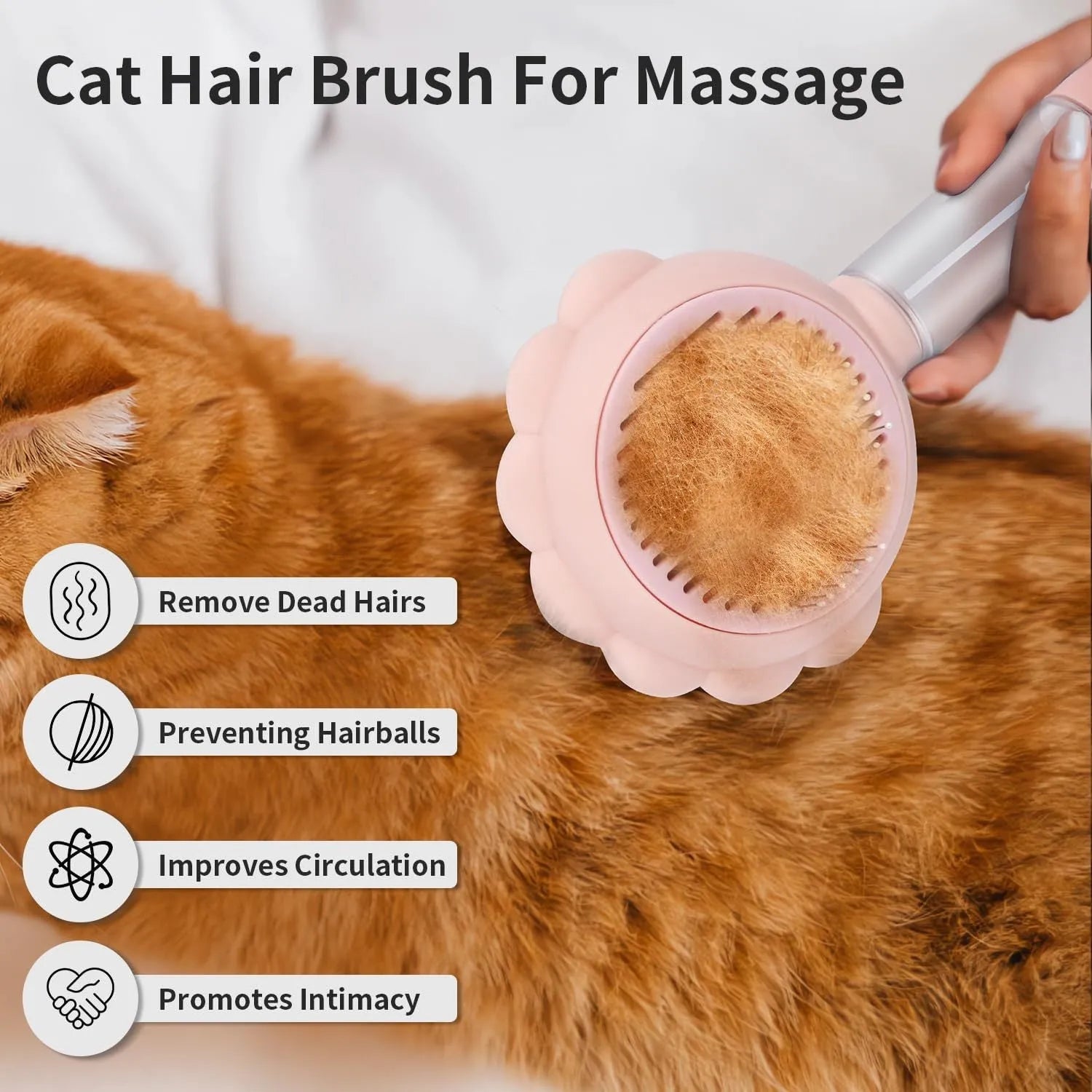 Grey spray cat brush with release button on a white background, showing the bristle head and spray nozzle.