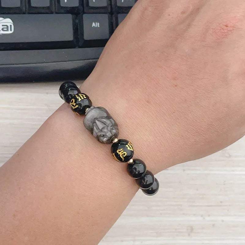 Men's silver stone bracelet with engraved Chinese zodiac symbols and proverbs on beads with adjustable closure