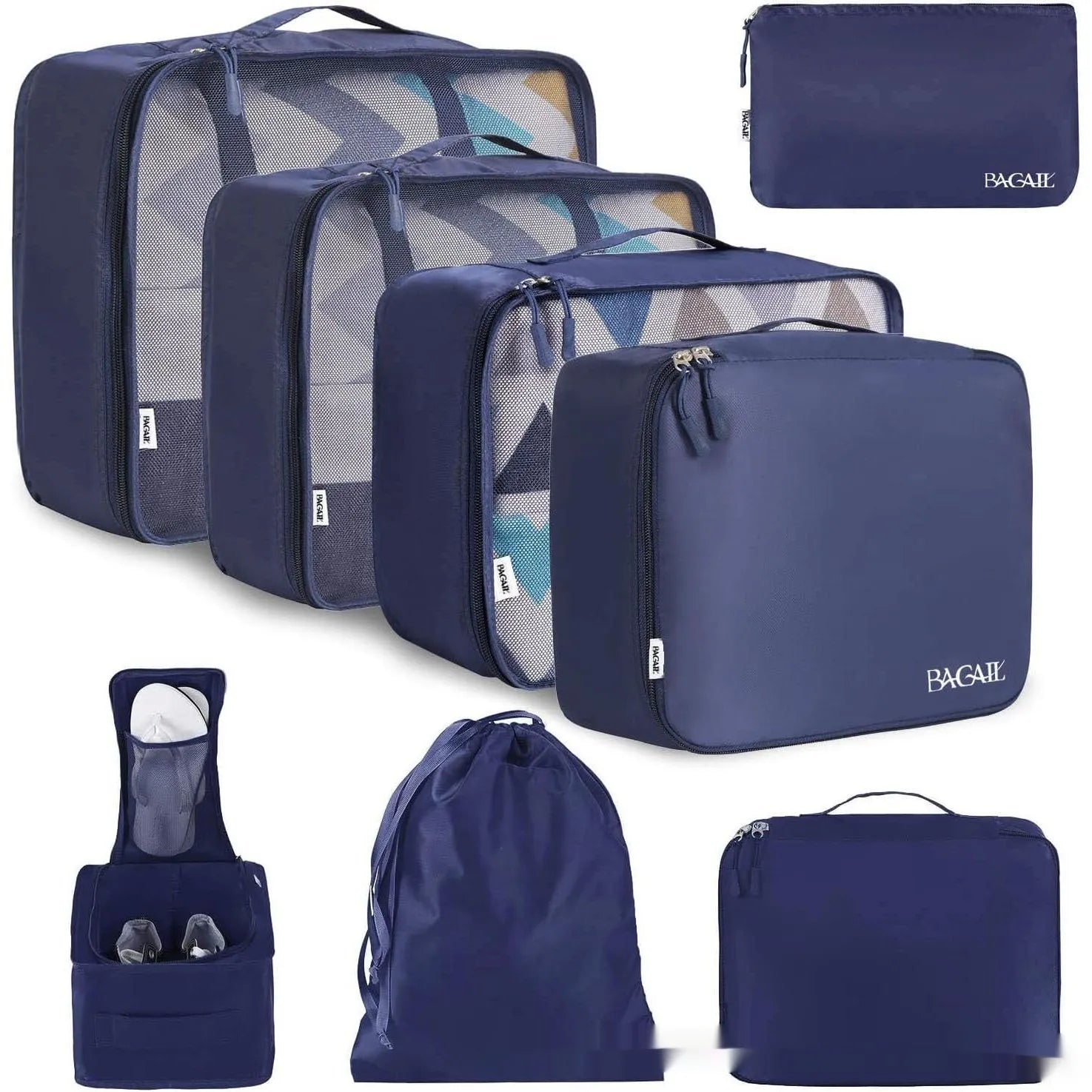 Set of eight PP packing cubes in various colours including beige, black, pink, and leopard print for travel organisation.