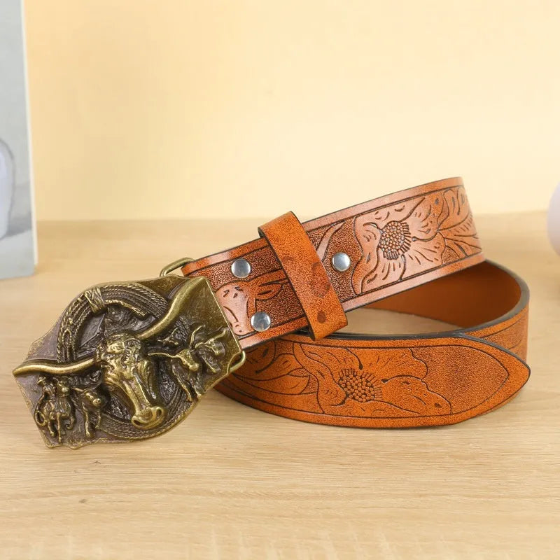 Men's black cow head buckle belt with detailed alloy casting on an imitation leather strap.