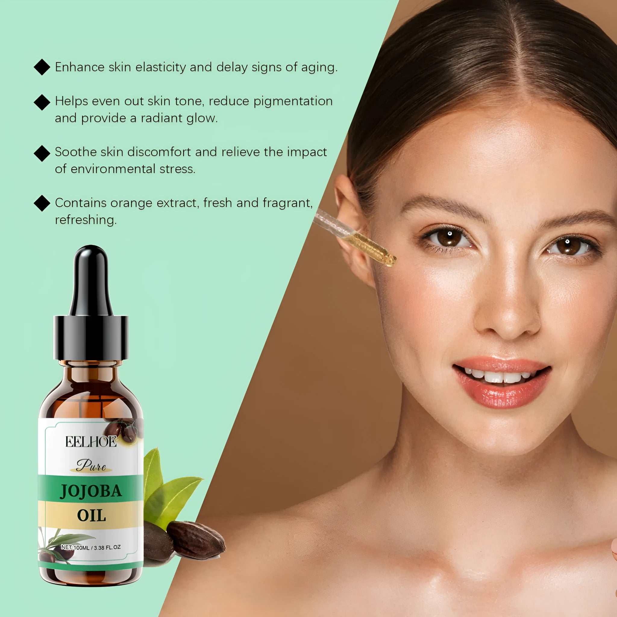 100ml amber glass bottle of organic jojoba facial oil with vitamin E