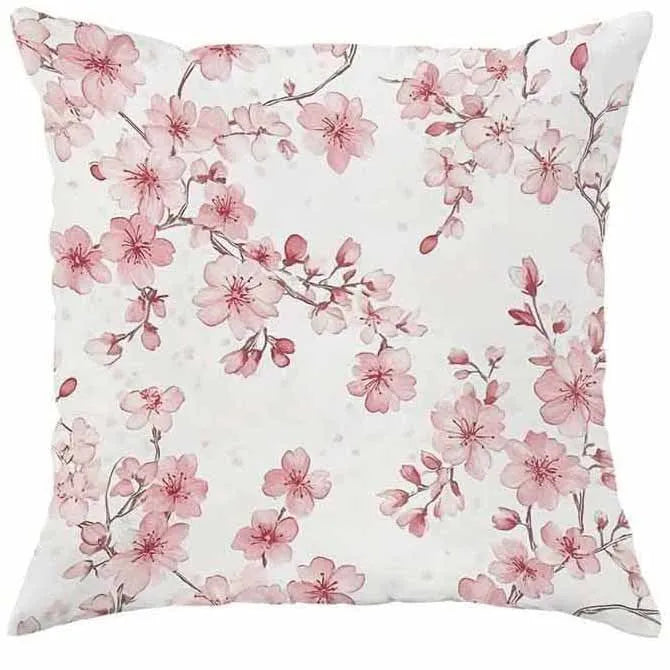 Square short velvet cushion cover with spring cherry blossom pattern, 45cm size.