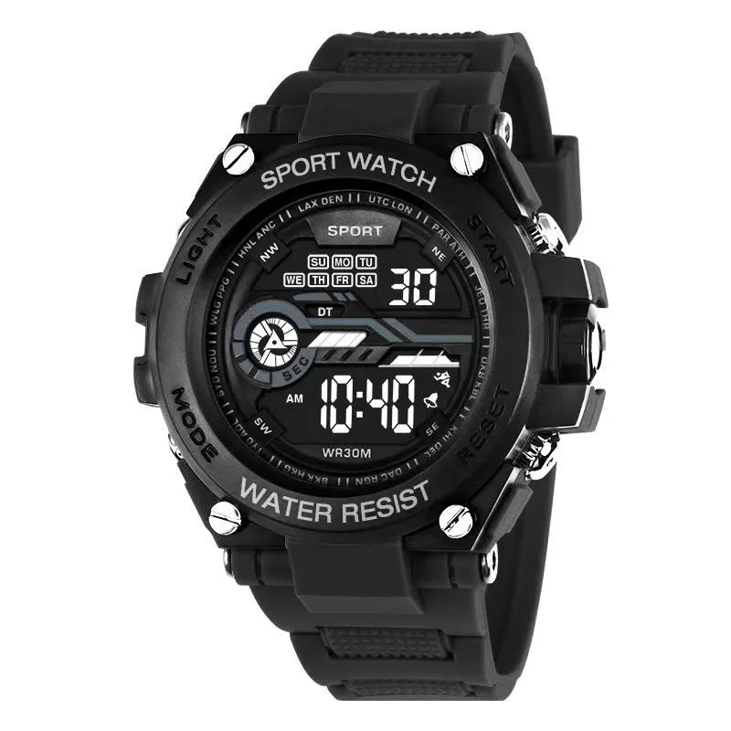 Fashion electronic watch with LED digital display showing ten different colour variations on wrist