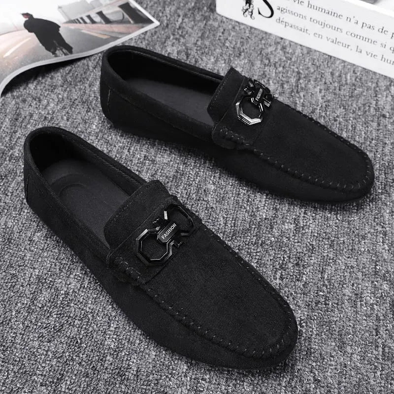 Men's black and grey suede and leather casual shoes with rubber sole for summer.