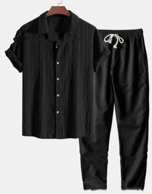 Men's loose fit short sleeve shirt and trousers summer suit in milk silk polyester fabric.