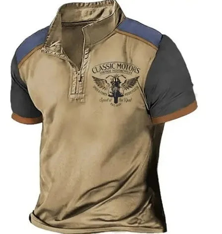 Golf polo shirt with 3D printed pattern on blue bird eye cloth fabric, shown in a loose fit.