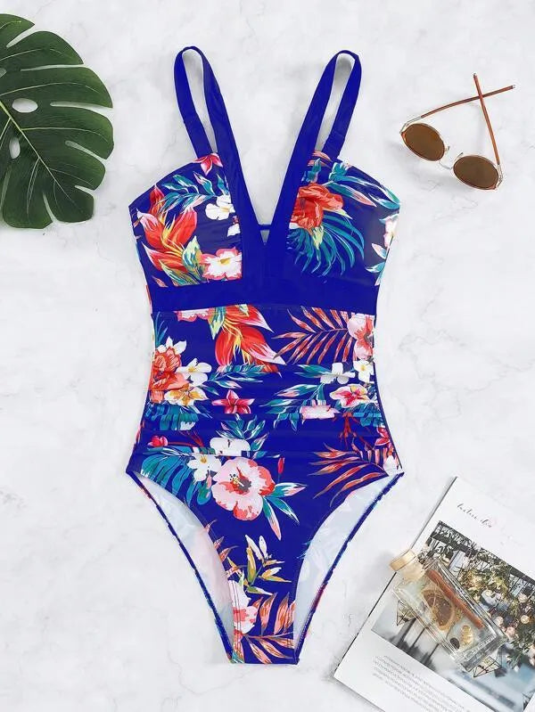 Women's floral printed backless one-piece swimsuit in spandex fabric