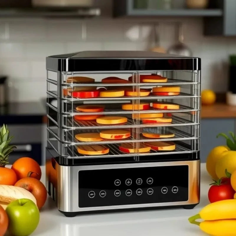 Silver stainless steel food dehydrator with 14 litre capacity and digital temperature control