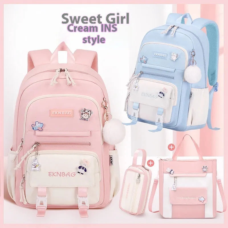 Girls waterproof Oxford cloth school backpack with curved straps and spine protection in solid colours for grade 5-6 students