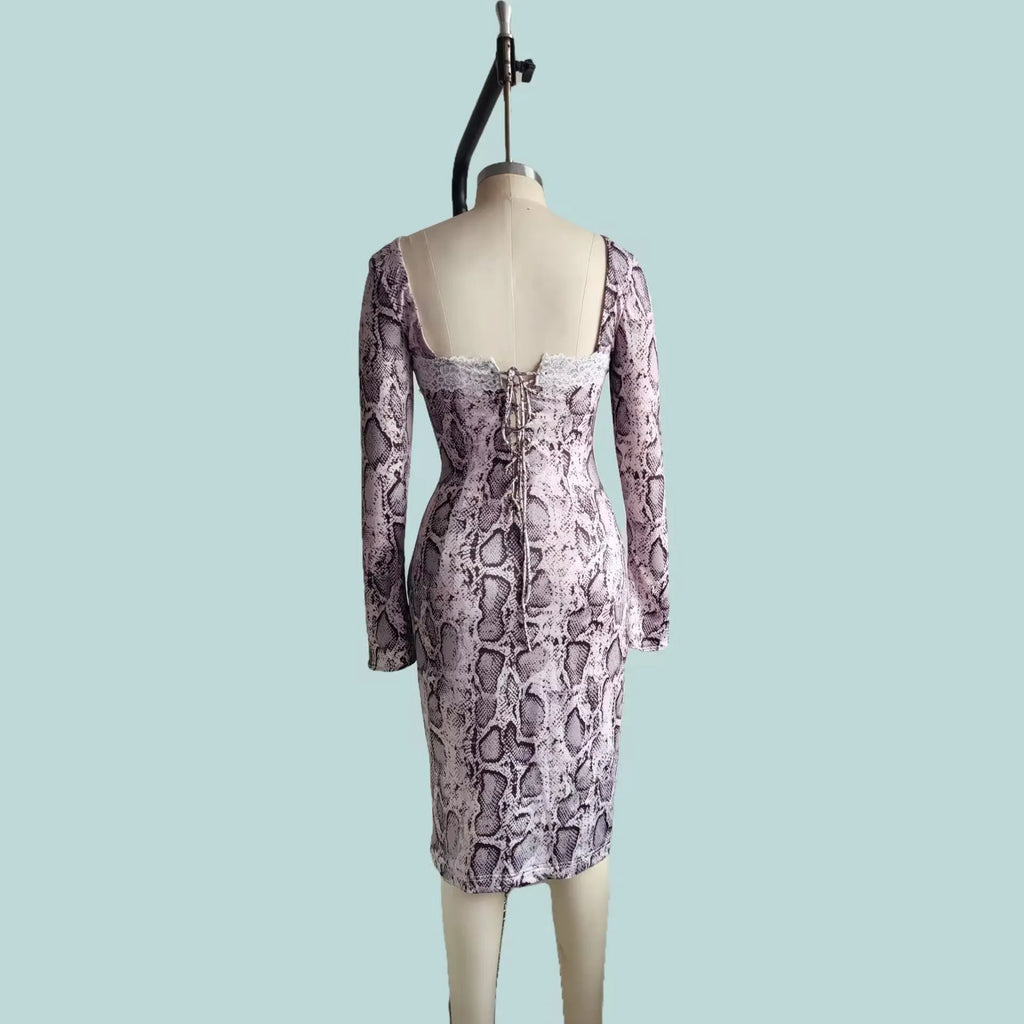 Grey women's slim fit lace dress with 3D digital pattern, A-line skirt, and long sleeves.