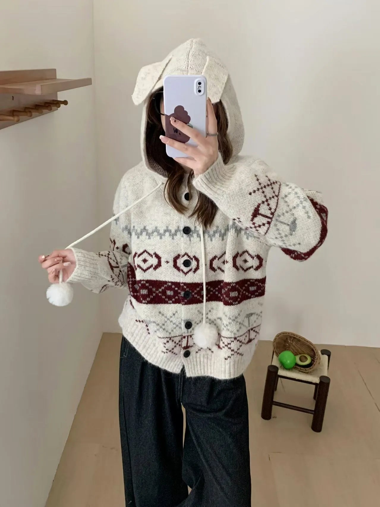 Geometric pattern brocade sweater coat in milky white colour with loose fit free size design