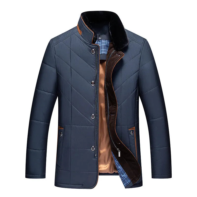 Men's solid colour short winter coat with side pockets, shown in dark blue, wine red, or dark green.