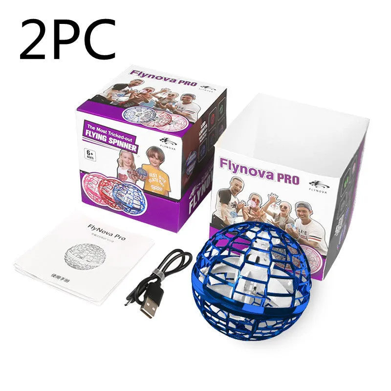 Blue LED spinning flying ball toy and magic wand set on a neutral background.