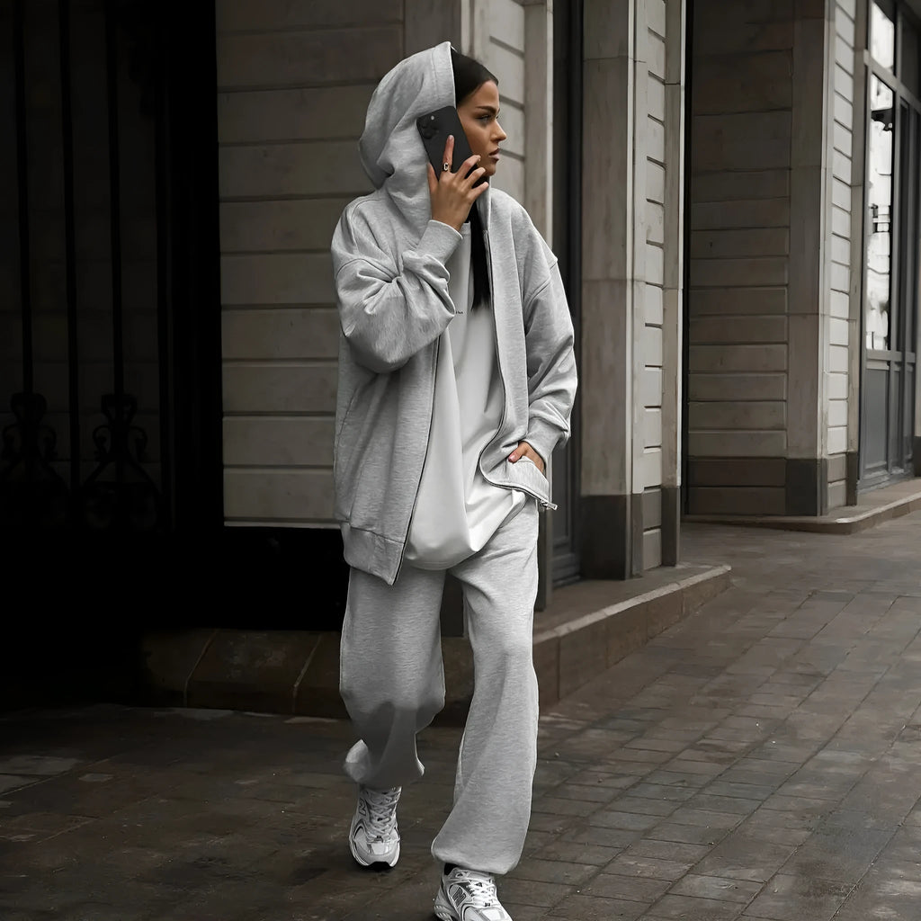 Loose two-piece set with long-sleeved coat and trousers in solid red light gray or gray polyester street style