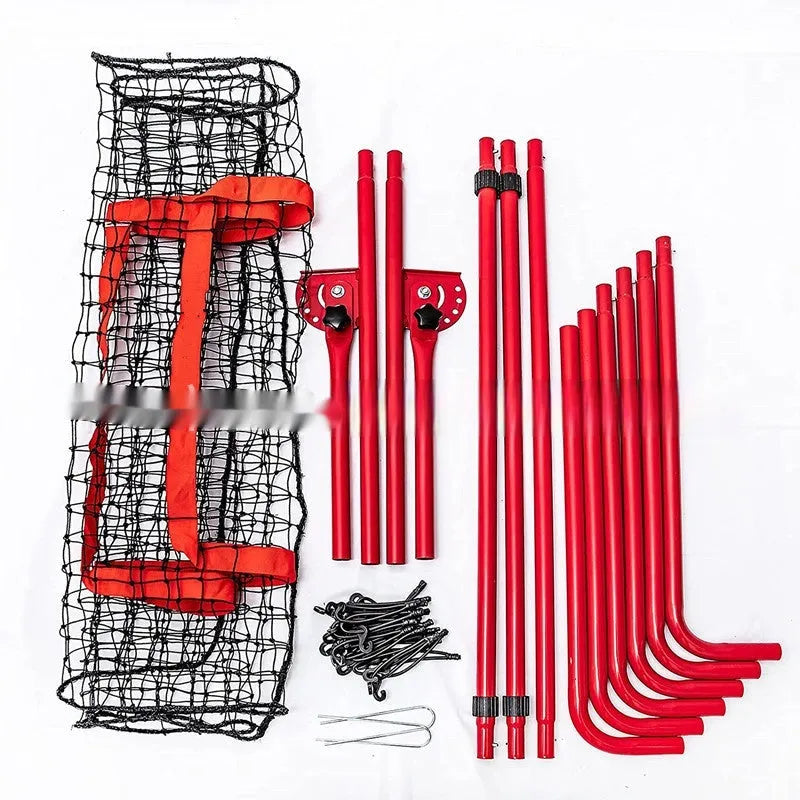 Red adjustable metal baseball training net set up for practice.