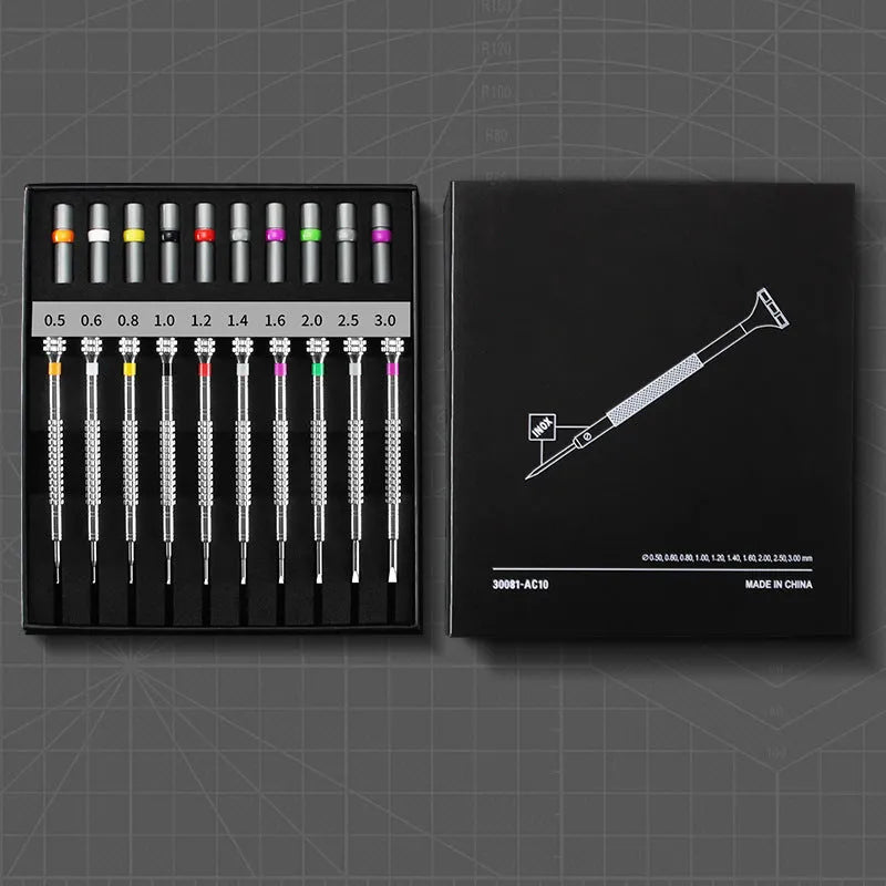 Ten-piece manual screwdriver repair set with twenty spare bits for watch and glasses maintenance