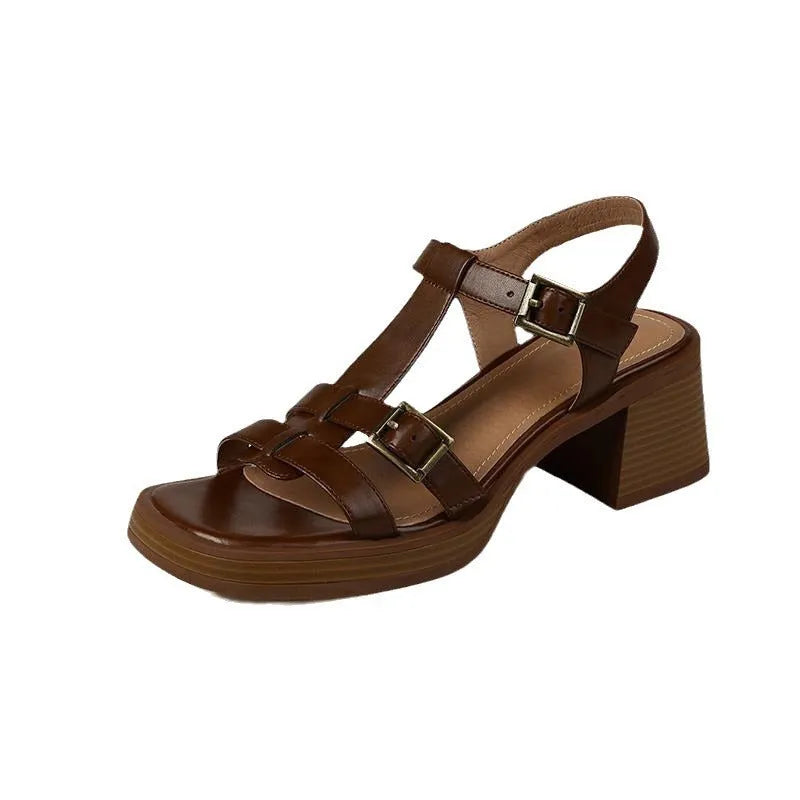 Women's black retro sandals with T-buckle and chunky platform heel