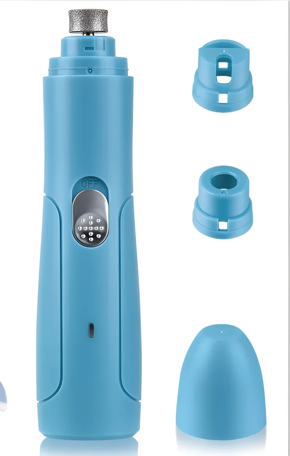 Blue electric pet nail grinder with diamond head on white background, 15.3 cm long